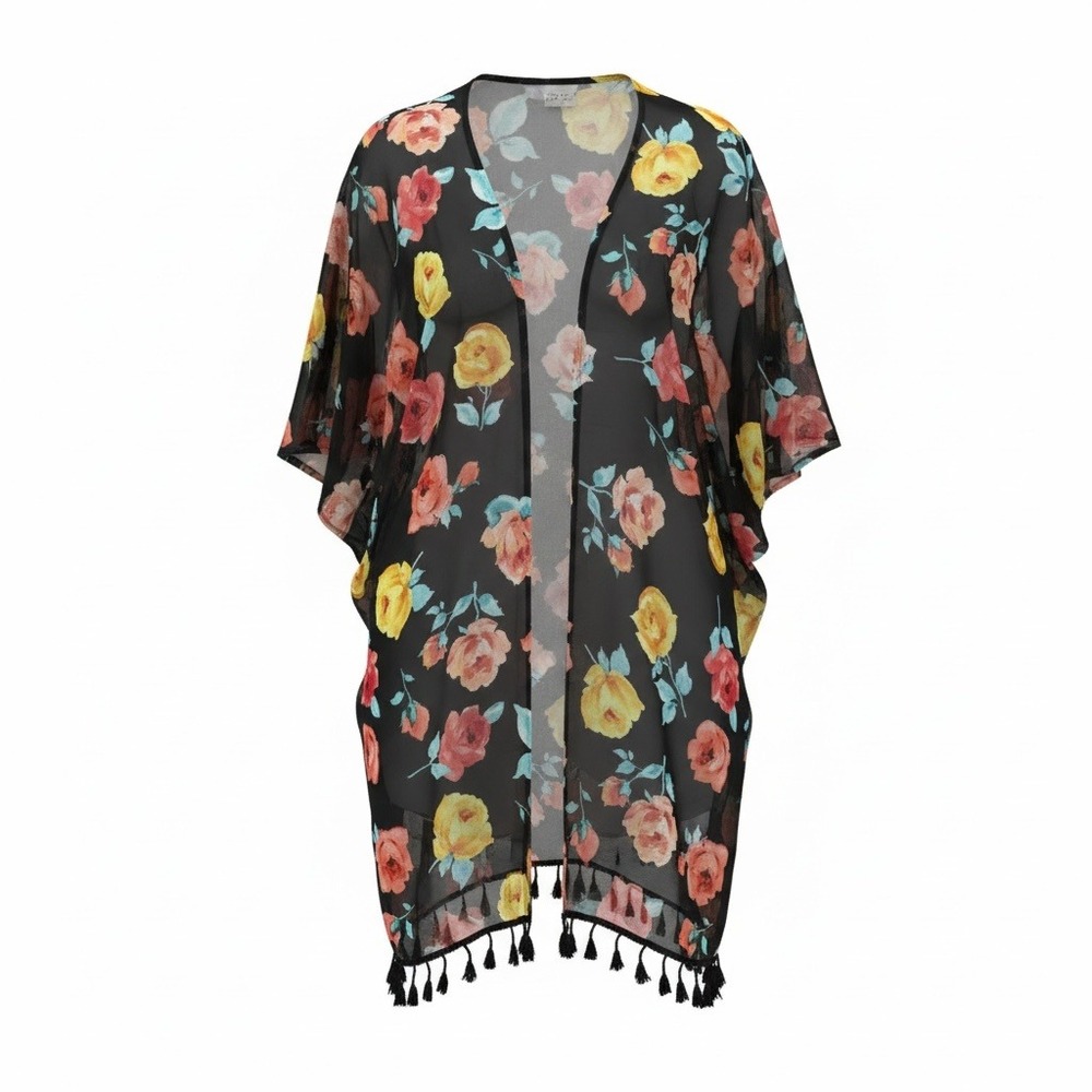 Sheer Black Floral Open Front Caftan Kimono Tassel Fringe Boho Layer One Size‎